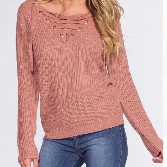 Knit Lace Up Sweater - Picture 2 of 5